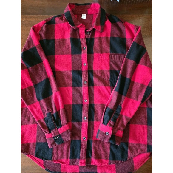 Old Navy Shirt Womens Lg Red Black Plaid Flannel Button Up Long‎ Sleeve Cotton - Picture 2 of 10